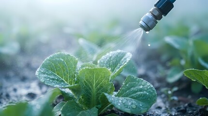 Fototapeta premium Young seedling plant receiving water droplets from irrigation dropper in garden soil, agricultural watering system for crop growth and cultivation.