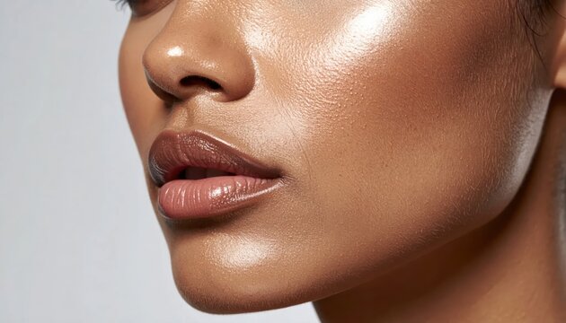 Close-up of a person's face with highly glossy skin and plump lips, angled