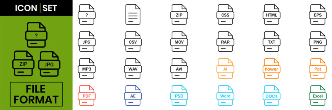 Digital File Format Extension Icons Pack. Outline Vector Labels Set Featuring Different Type of Files