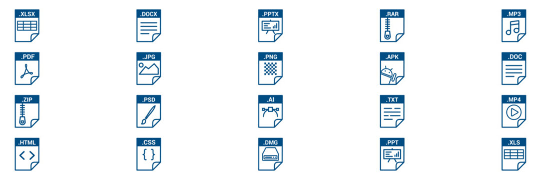 Document File Format Type Line Icons Set. Vector Extension Labels Collection Featuring Different Types of File Formats 
