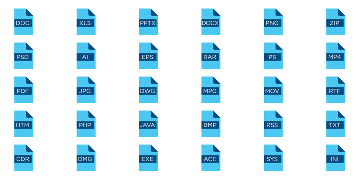 Computer File Extension Formats Flat Blue Icon Set. Vector Document Types of Different File Formats