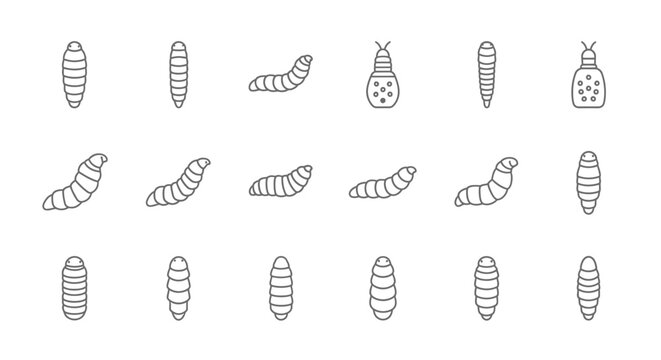 Set of various worms and pupae silhouettes in minimalist style