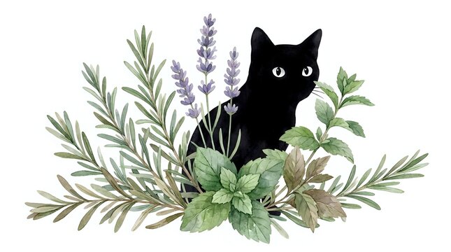 Black cat with green eyes surrounded by lavender, rosemary, mint and sage herbs on white background. Isolated botanical illustration for design, print and decoration projects.