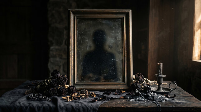 Dark Obsidian Mirror with Shadow Silhouette, Black Roses and Candles on Wooden Table, Occult Scrying Ritual