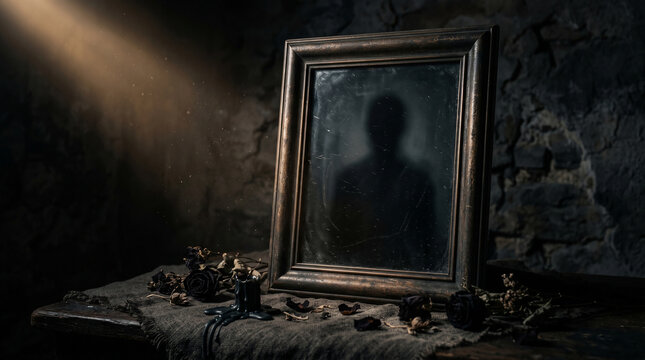 Dark Obsidian Mirror with Shadow Silhouette, Black Roses and Candles on Wooden Table, Occult Scrying Ritual