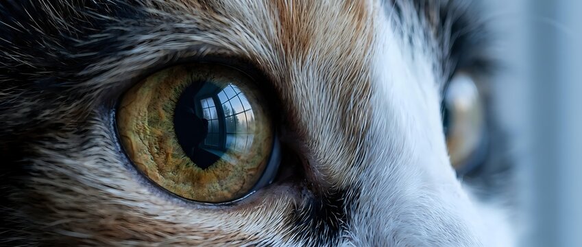Close-up of a cat's eye with golden-amber iris and dilated pupil, showcasing feline vision and detailed fur texture for pet, veterinary, and animal behavior content.