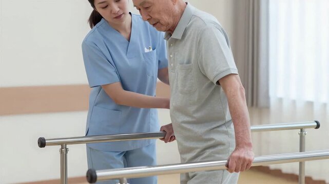 Senior Walking Training with Parallel Bars and Japanese Female Caregiver Support, 4K, Copy space on the left