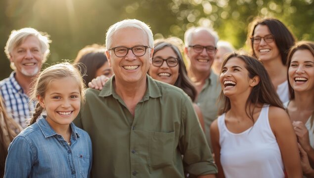 Joyful multi-generational family portrait smiling together outdoors during a sunny day in a public park area