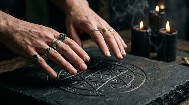 Male Hands with Silver Rings Over Stone Pentagram and Occult Symbols on Dark Ritual Altar with Black Candle
