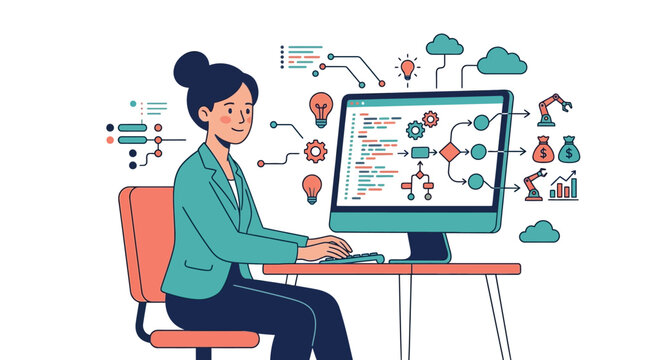 Ideal for tech blogs, coding tutorials, and software development presentations. Illustrates digital workflow with icons on a computer screen.