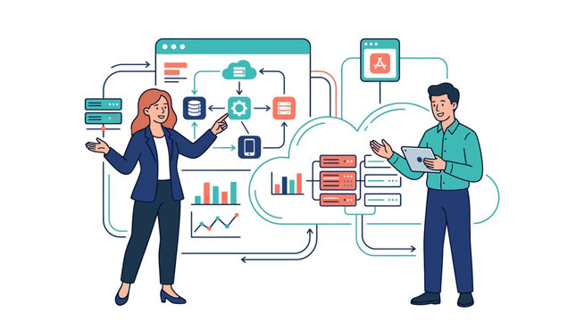 Ideal for tech firms and it professionals, this complex diagram depicts cloud computing architecture and data visualization for software engineering projects.