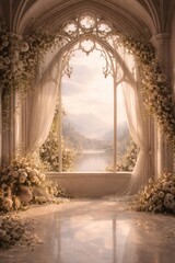 Naklejka premium Serene floral archway overlooking lake.