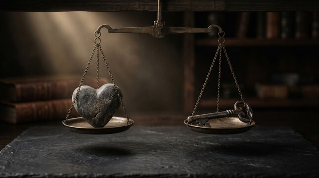 scales of justice on a wooden background