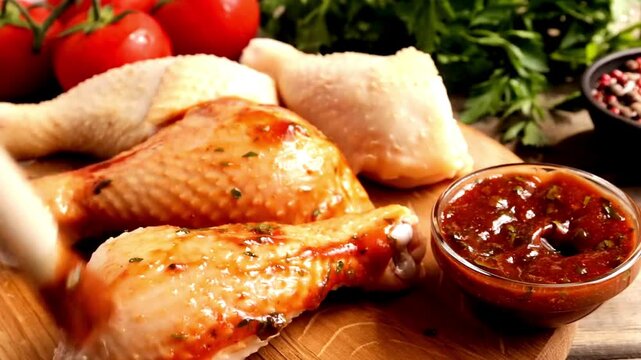 Chicken leg marinated with sauce red put on skin for making delicious food.