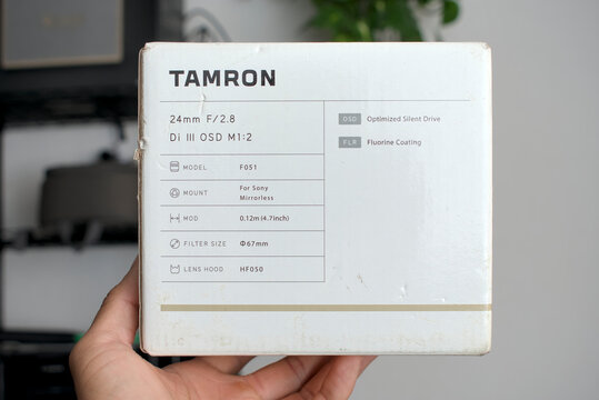 Zapopan Jalisco, Mexico - June 13, 2026: White retail box of Tamron 24mm F2.8 Di III OSD M12 lens for Sony
