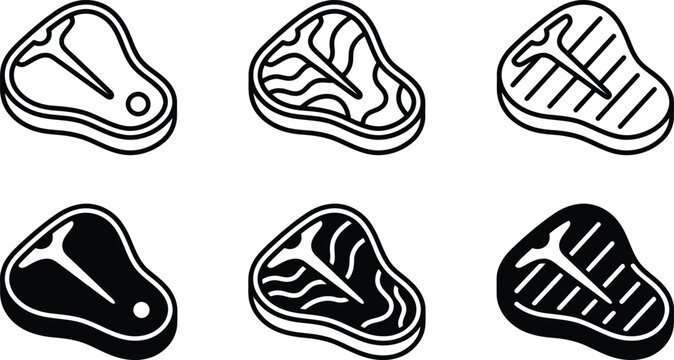 Set of steak meat food icons in black and white style
