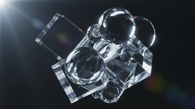 Abstract 3D glass spheres and cubes with lens flare