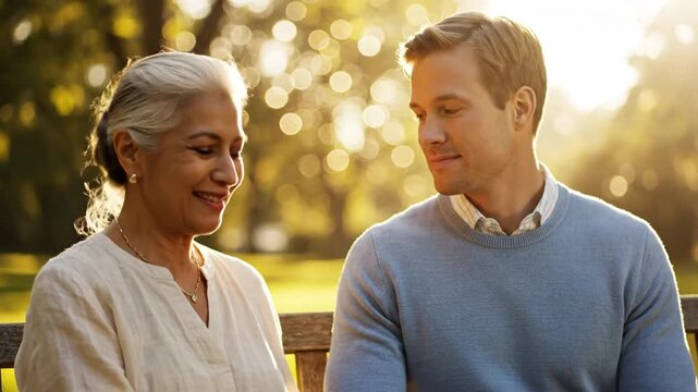 Senior woman and young man talking in park at sunset