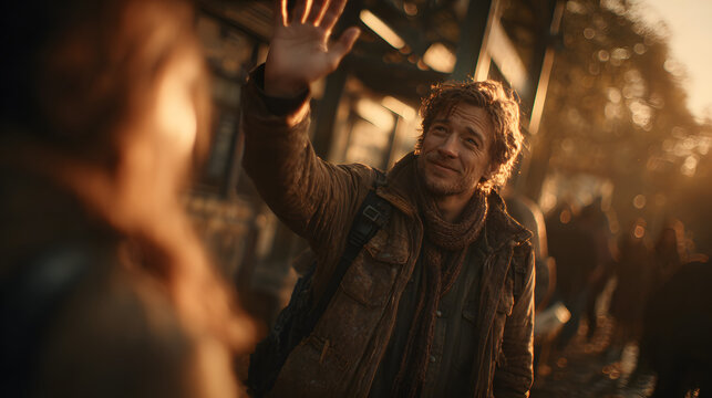 A man waves a heartfelt goodbye to his girlfriend at the train station, bathed in the warm hues of an autumn sunset. Guy waving to a girlfriend