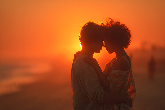 Romantic couple silhouette at sunset beach
