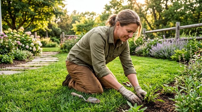 gardening passion, a dedicated gardener kneels in a vibrant green lawn, nurturing new growth