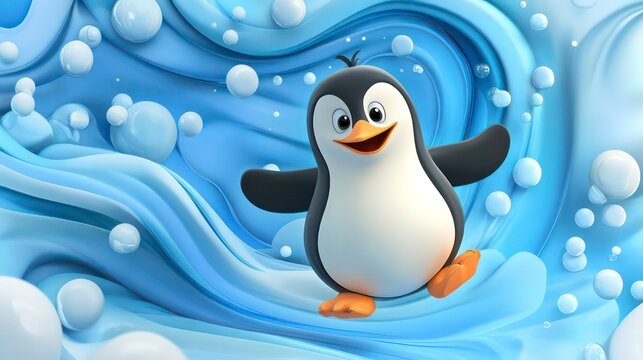 Cute cartoon penguin character spinning playfully in a whimsical blue swirling background, exuding joy and fun in a colorful animated scene for children and families