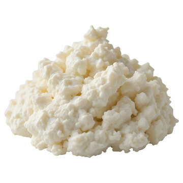 Fresh natural cottage cheese curd pile isolated on white background, healthy dairy food product