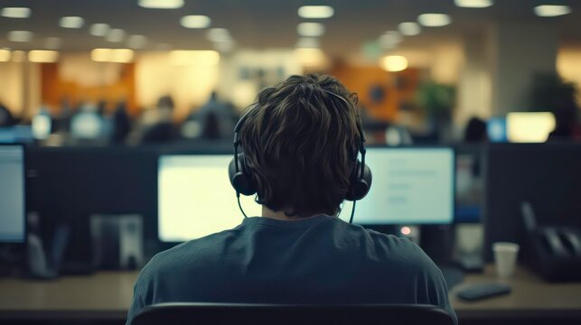 Dedicated call center employee wearing a headset while assisting customers in a busy office environment.