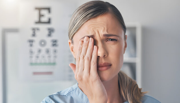 A worried woman rubs her right eye in pain while visiting an ophthalmologist clinic, with a blurred snellen test chart in the background, medical and eye disease concept
