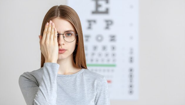 A young woman wearing glasses covers her right eye with her hand during a vision test at an optometry clinic, with a blurred snellen eye chart in the background, healthcare concept.