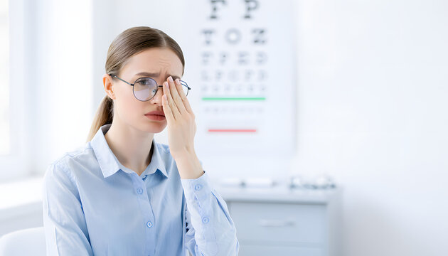 A young woman wearing glasses rubs her eye in discomfort at an optometry clinic, with a blurred alphabet eye chart in the background, medical and eyestrain concept image.