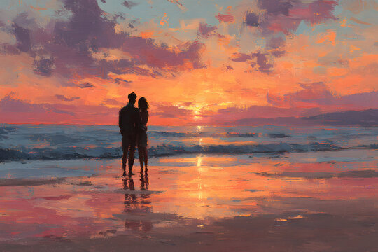 Romantic silhouette of a couple standing close on a beach at sunset, sharing an intimate moment, perfect for a serene kissing day