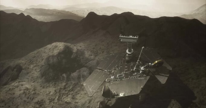Opportunity rover navigates the rugged landscape of Mars, conducting scientific research on the rocky surface. This historic exploration provides valuable data about the planets environment.