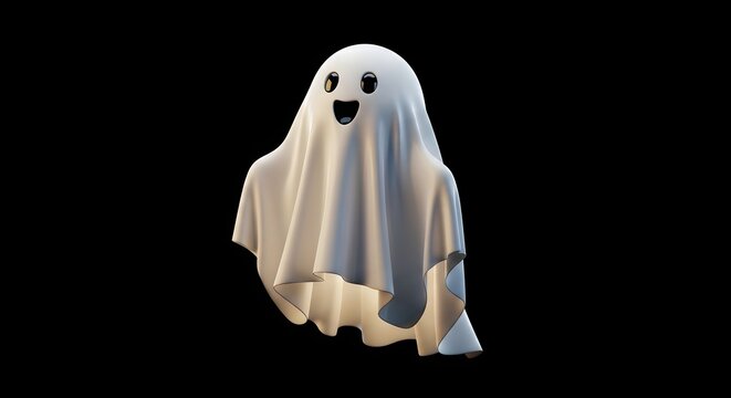 3d render of a happy cute cartoon ghost on a black background