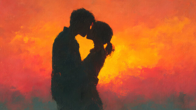 silhouette Romantic couple lovers hug and kiss at colorful sunset on background love concept : Generative AI