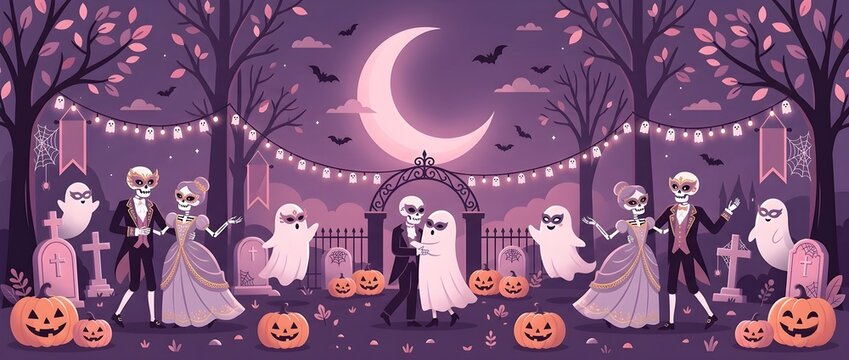 Flat vector panoramic illustration of a Halloween masquerade ball on a graveyard with stylized skeletons and ghosts dancing in masks, carved pumpkins, string lights, and crescent moon.