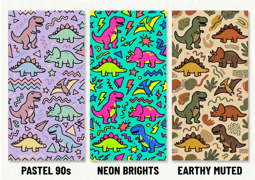Cute Dinosaur Seamless Pattern Collection in Neon Pastel and Earth Tone Colors