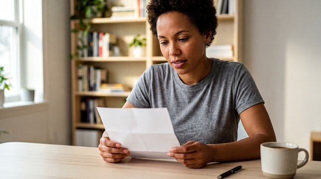personal finance review, a person studies a paystub at a minimalist wooden desk in a cozy office