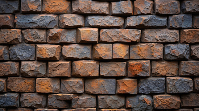 Rough rusty stone block wall texture, dark grey and terracotta split face brick pattern for industrial architectural exterior and modern interior backdrop