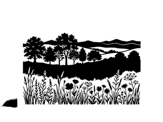 Obraz premium Black and White Countryside Landscape Silhouette with Trees and Wildflowers