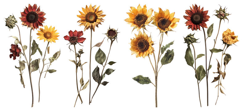 PNG Vintage sunflowers botanical illustration on transparent background