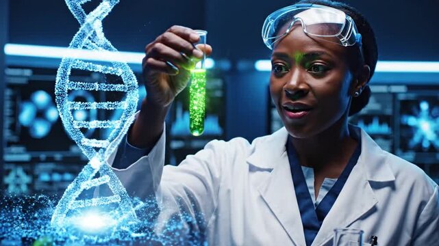 Black female scientist analyzing glowing DNA hologram in lab