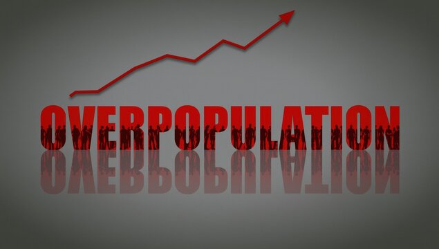 Red overpopulation typography with rising statistical arrow graph on a dark grey background conceptual