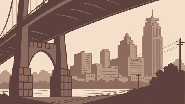 Kansas city skyline and bridge over river in sepia urban landscape
