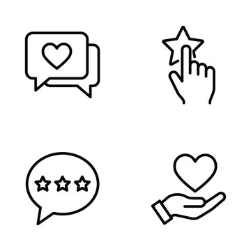Collection of four linear icons showing rating and favorite heart symbols with favorite, feedback