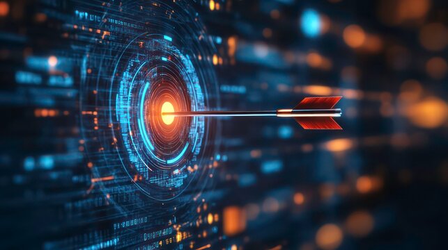Close-up view of arrow hitting digital target, symbolizing precision and focus in technology and innovation.