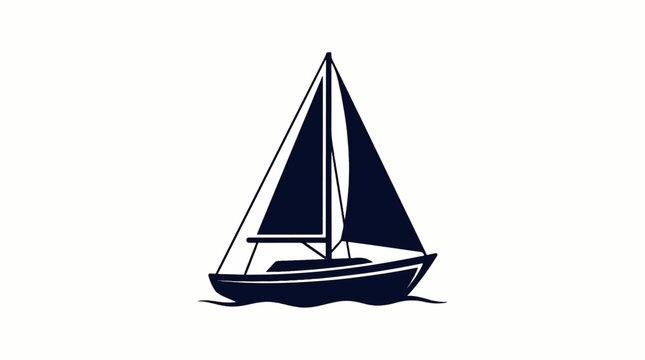 Sailing boat silhouette floats on ocean waves with sail up