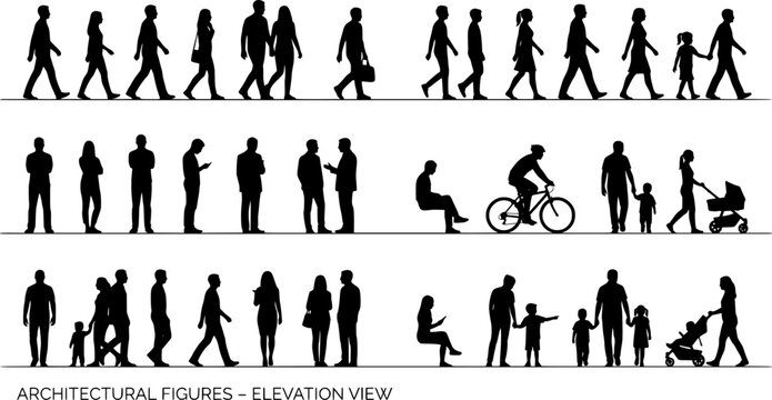 Architectural people silhouette vector children playground activity. running, playing ball, sitting on ground, climbing, standing in group. side, front, and top views