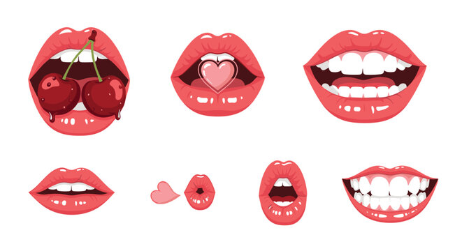 Detailed collection of diverse lip illustrations displays various mouth expressions including biting a cherry and blowing a heart shaped kiss.