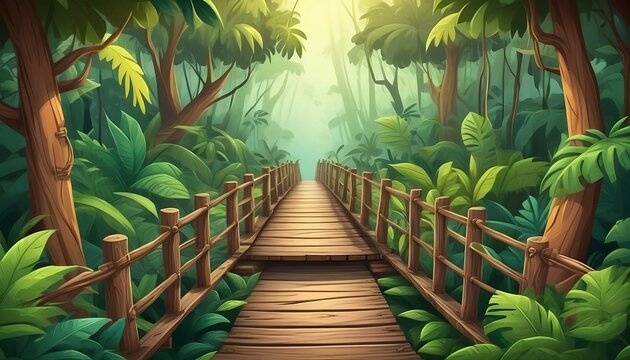  Wooden bridge, in jungle forest Illustration, cartoon background, created with generative ai